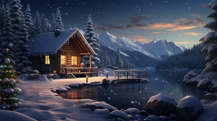 Wall Mural - a cabin on a snowy mountain