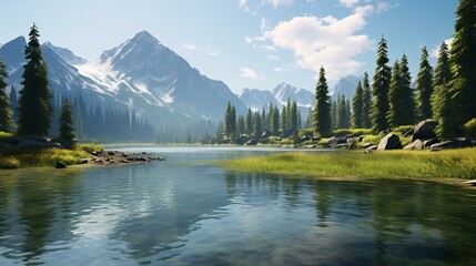 Wall Mural - Maligne Lake with trees and mountains in the background