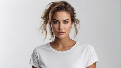 Wall Mural - photo of a young beautiful woman in a white T-shirt isolated on a white background