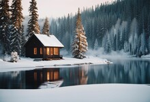 AI Generated Illustration Of A Wooden House On Shore Of A Lake Near A Forest In Winter