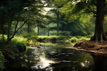 Wall Mural - Tranquil pond reflecting the beauty of its surroundings in a captivating natural scene