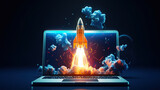 Fototapeta  - 
startup growth Rocket Takes off From the Laptop