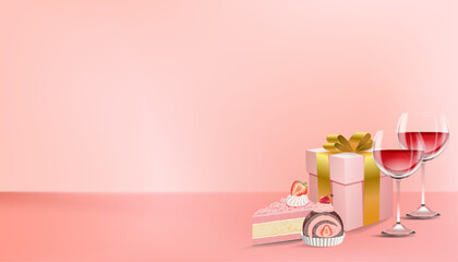 Cake, gifts and wine glasses on pink background