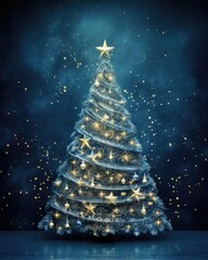 Poster - Magic Christmas tree with lights on dark blue background. Holiday card