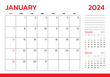 January 2024 Calendar. Week start on Sunday. Desk calendar 2024 design, simple and clean design, Wall calendar for print, digital calendar, Corporate design planner template vector.
