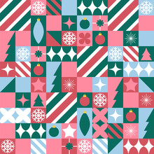 Festive Vector Seamless Pattern With Winter Holiday Symbols. Geometric Background With Flat Tile Icon Ornament. Merry Christmas And New Year Designs Template. Fabric Texture Print