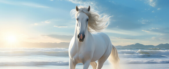 Wall Mural - white horse on the beach, AI generated