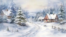 Minimalistic Winter Panoramic Landscape With Copy Space, Illustration Watercolor Style.