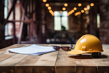 Architectural blueprint and helmet on the table at the construction site