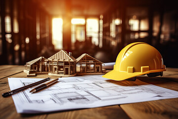 Architectural blueprint and helmet on the table at the construction site