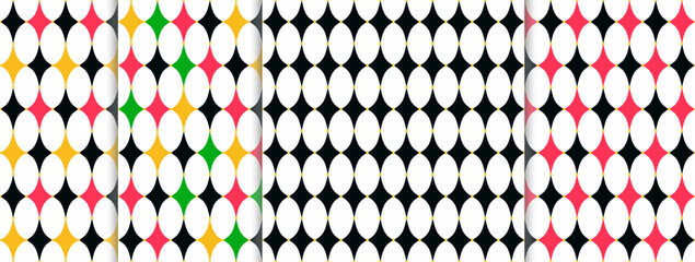 Set of vector seamless check pattern with gold dots. Elegant background of carnival clown and joker diamonds ornament. Black, red, yellow color.  Fabric texture print