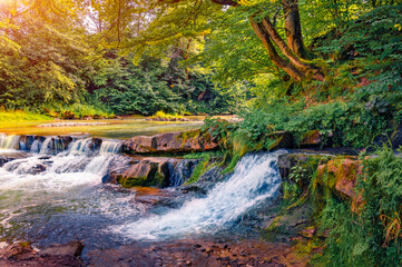 Poster - Spectacular summer sunrise on Pid Skelyamy waterfall. Green morning view of Sukel' River. Exciting landscape of Carpathian mounatains, Ukraine, Europe. Beauty of nature concept background.