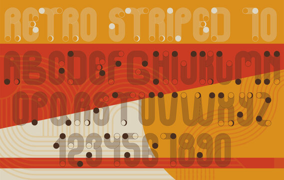 Retro stylized alphabet striped font. Modern boho minimalist letters and numbers with geometric shapes and zen arch bohemian silhouettes. Stock vector typography for headlines, posters in 70s style.