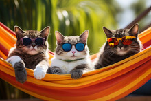 A Family Of Cats Relaxes In A Hammock On The Beach.
