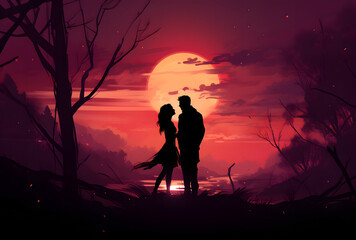 Romantic Couple Silhouette Standing in Front of Trees at Sunset with Pink Starry Night Sky, Valentine's Day Illustration Background