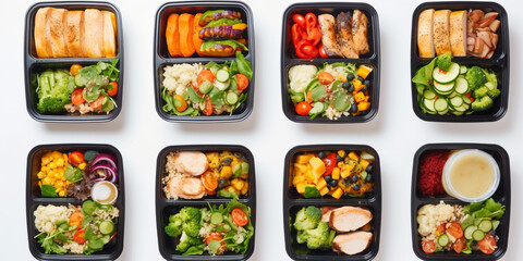 Lunches to go. Food grab and go. Ready-to-eat lunches in containers for office workers.