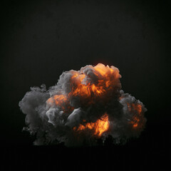 Poster - Explosion with thick dark smoke isolated on black background. 3d rendering digital illustration