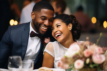 Wall Mural - African American bride and groom at a wedding taking pictures together.