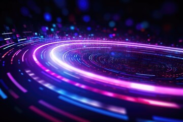 Wall Mural - abstract futuristic background with pink blue glowing neon ring podium moving high speed wave lines 