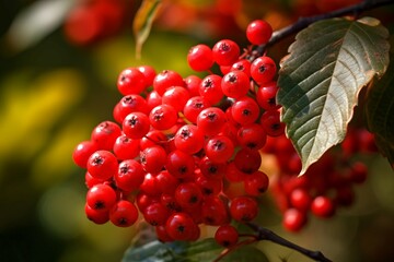 Poster - Red berries branch viburnum fall. Flora garden plant ash crimson. Generate Ai