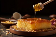 Semolina Cake Honey Spoon Oriental. Pie Baked Table Muslim Food. Generate Ai