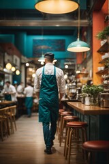 Wall Mural - Blur coffee shop or cafe restaurant, Blurred restaurant background with some people and chefs and waiters working. Generative Ai.