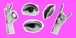 Vector set of retro halftone hands, lips and eyes. Halftone collage elements. Torn paper. Trendy vintage collection. Modern collage with paper cutout human parts on pink background.