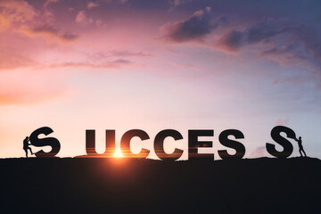 Poster - Tiny businesspeople putting backlit success letters together on sunset sky background with clouds and mock up place. Teamwork, challenge and positive idea concept.