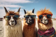 Three llamas in sunglasses take a selfie on the beach. Beach holiday, vacation concept. Generated by artificial intelligence