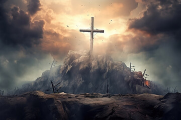 Holy cross symbolizing the death and resurrection of Jesus Christ with the sky over Golgotha Hill is shrouded in light and clouds. Apocalypse concept.