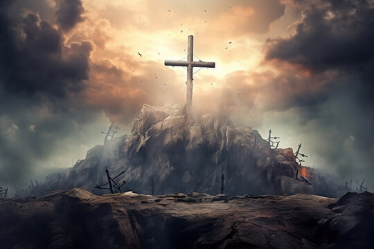 holy cross symbolizing the death and resurrection of jesus christ with the sky over golgotha hill is
