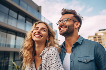 Happy young couple standing in front of new home - Husband and wife buying new house. Life style real estate concept.