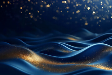 Wall Mural - golden abstract bokeh, waves and particles on blue background. celebrating christmas, new year or ot