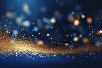 Wall Mural - golden abstract bokeh, waves and particles on blue background. celebrating christmas, new year or ot