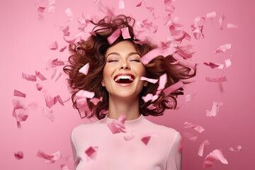 Fun party girl, smiling woman throwing confetti on a pastel pink background. Composition for birthday or woman's day. Party time concept.