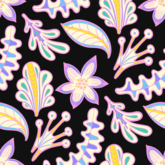 Poster - vector contemporary variety colorful floral and leaves seamless pattern on black.