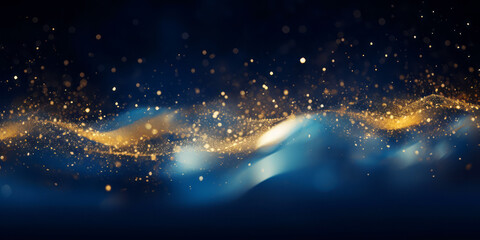 Wall Mural - golden abstract bokeh, waves and particles on blue background. celebrating christmas, new year or ot