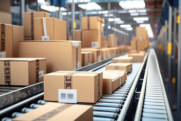 Closeup of multiple cardboard box packages seamlessly moving along a conveyor belt in a warehouse fulfillment center, a snapshot of e-commerce, delivery, automation and products.