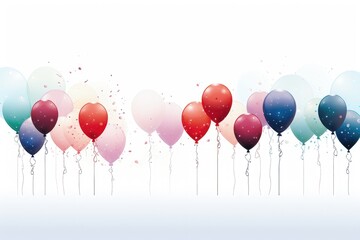 An abstract and visually engaging background image for creative content, showcasing colorful balloons with strings against a clean white background. Photorealistic illustration