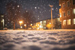 snowfall and light bokeh, flare with building,snowfield,night.