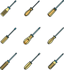 Poster - screwdriver tool icons set. outline set of screwdriver tool vector icons thin line color flat on whi