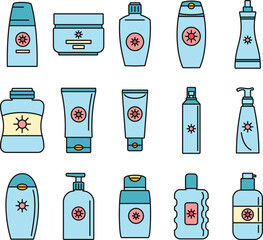 Poster - Sunscreen bottle icon set. Outline set of sunscreen bottle vector icons thin line color flat on white