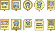 © anatolir - City bus stop sign icon set. Outline set of city bus stop sign vector icons thin line color flat on white