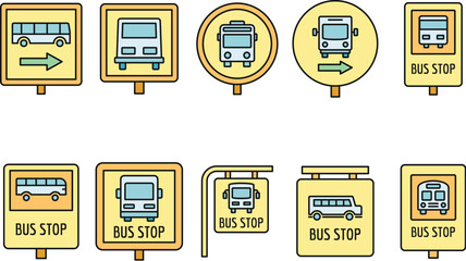 Sticker - City bus stop sign icon set. Outline set of city bus stop sign vector icons thin line color flat on white