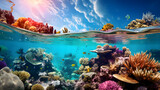 Fototapeta Do akwarium - A vivid underwater photograph of a vibrant coral reef in danger of bleaching, portraying the fragile beauty threatened by ocean warming and acidification.
