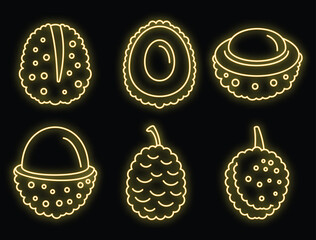Poster - Asian lychees icons set. Outline set of asian lychees vector icons neon color on black