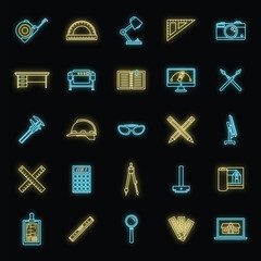 Canvas Print - Architect material tool icons set. Outline set of architect material tool vector icons neon color on black