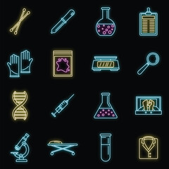 Poster - Dna investigation laboratory icons set. Outline set of dna investigation laboratory vector icons neon color on black