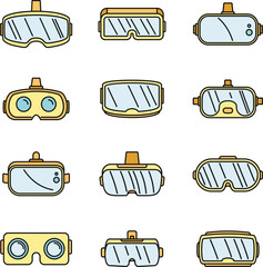 Poster - video game goggles icons set. outline set of video game goggles vector icons thin line color flat on