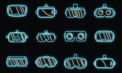 Poster - video game goggles icons set. outline set of video game goggles vector icons neon color on black